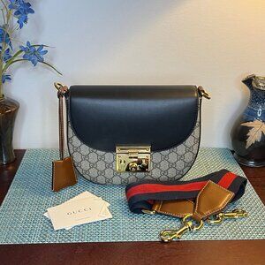 Gucci Sylvie GG Supreme Canvas Padlock Saddle Shoulder Bag, Blk Leather Flap